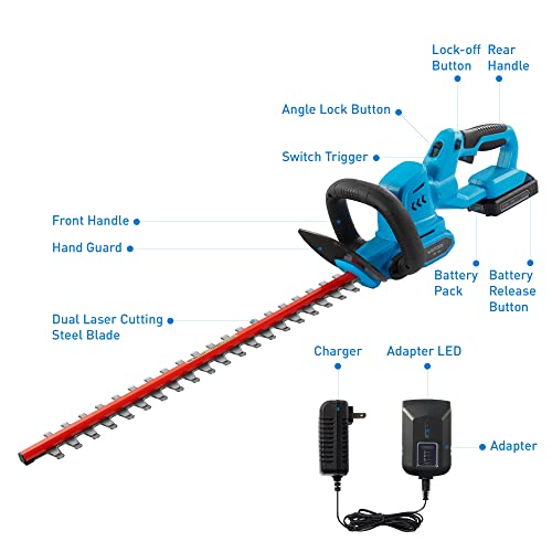 WISETOOL Cordless Hedge Trimmer, 20V Electric Bush Trimmer with 22" Dual-Action Blades, 3/4" Cutting Capacity, Shrub Trimmer Include 2.0Ah Battery, Fast Charger and Protection Glasses