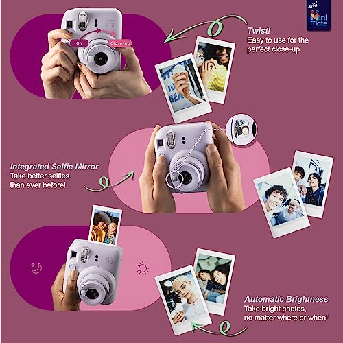 Fujifilm Instax Mini 12 Instant Camera Lilac Purple + MiniMate Accessory Bundle & Compatible Custom Case + Fuji Instax Film Value Pack (50 Sheets) Flamingo Designer Photo Album