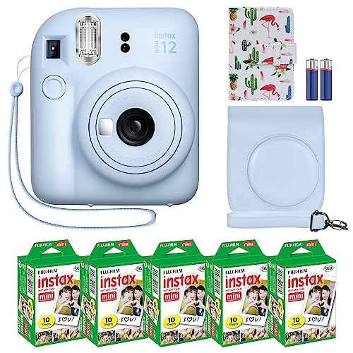 Fujifilm Instax Mini 12 Instant Camera Pastel Blue + MiniMate Accessory Bundle & Compatible Custom Case + Fuji Instax Film Value Pack (50 Sheets) Flamingo Designer Photo Album