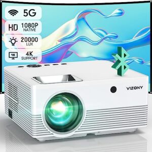 vizony projector with 5g wifi and bluetooth, 20000l 600ansi full hd native 1080p projector, support 4k & 350" display with carry case, outdoor movie projector compatible w/phone/tv stick/laptop, white
