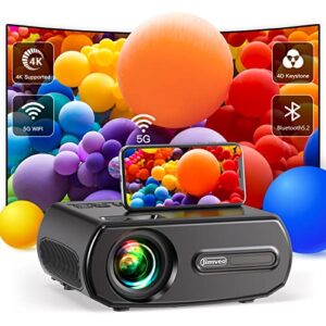 projector with wifi and bluetooth - 5g wifi native 1080p 18000l 4k supported, jimveo outdoor projector with screen for home theater, compatible with ios/android/tv stick/hdmi/pc/xbox/ps5