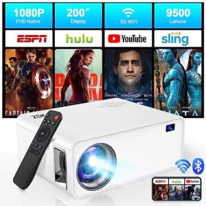 mini projector with 5g wifi and bluetooth 9500 lumen, zdk native 1080p fhd home movie projector 200", outdoor video portable projector for iphone, compatible with ios/android/phone/tv stick/hdmi/usb