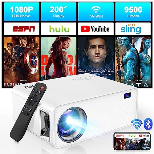 Mini Projector with 5G WiFi and Bluetooth 9500 Lumen, ZDK Native 1080P FHD Home Movie Projector 200", Outdoor Video Portable Projector for iphone, Compatible with iOS/Android/Phone/TV Stick/HDMI/USB