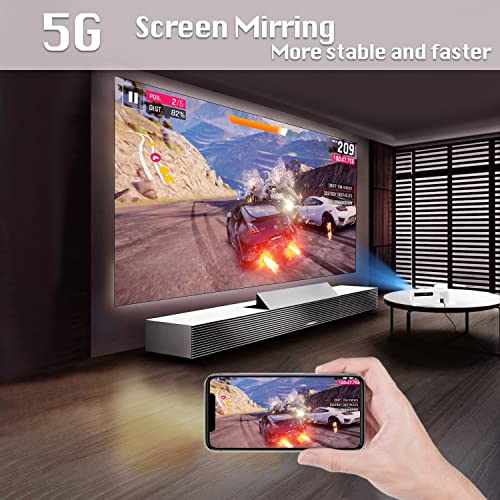 Native 1080p Projector, 5G WiFi Full HD 1920x1080p Video Beam, iOS/Android Mac Sync Screen, 300" for Movie Games, Compatible w/HDMI, VGA, USB, PC, DVD - White