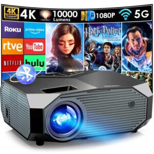 yowhick native 1080p projector with 5g wifi and bluetooth, 10000l outdoor portable video projector support 4k, home theater movie projector compatible with hdmi, usb, laptop, smart phone, black