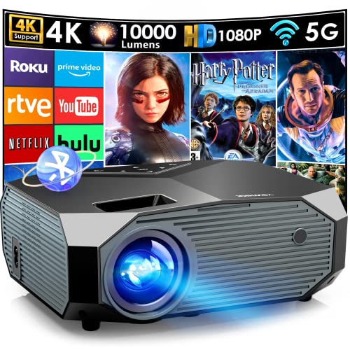 YOWHICK Native 1080P Projector with 5G WiFi and Bluetooth, 10000L Outdoor Portable Video Projector Support 4K, Home Theater Movie Projector Compatible with HDMI, USB, Laptop, Smart Phone, Black