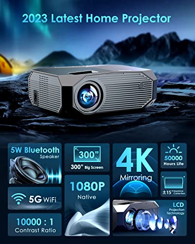 YOWHICK Native 1080P Projector with 5G WiFi and Bluetooth, 10000L Outdoor Portable Video Projector Support 4K, Home Theater Movie Projector Compatible with HDMI, USB, Laptop, Smart Phone, Black