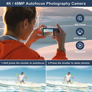 Aynuiyiq 4K Digital Camera for Photography Autofocus 48MP Vlogging Camera for YouTube 16X Digital Zoom Vlog Camera with SD Card, 2 Batteries, Viewfinder & Mode Dial