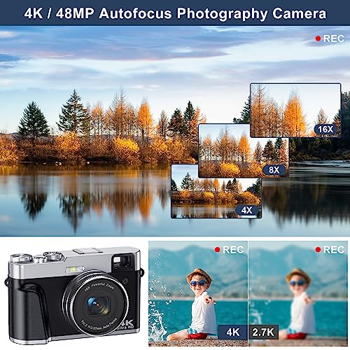 Aynuiyiq 4K Digital Camera for Photography Autofocus 48MP Vlogging Camera for YouTube 16X Digital Zoom Vlog Camera with SD Card, 2 Batteries, Viewfinder & Mode Dial