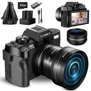 g-anica 4k digital cameras for photography，48mp/60fps video camera for vlogging, wifi & app control vlogging camera for youtube, small camera with 32gb tf card.wide-angle & macro lens