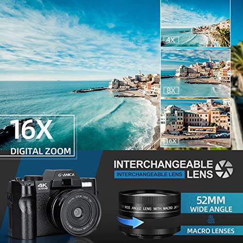 G-Anica 4K Digital Cameras for Photography，48MP/60FPS Video Camera for Vlogging, WiFi & App Control Vlogging Camera for YouTube, Small Camera with 32GB TF Card.Wide-Angle & Macro Lens