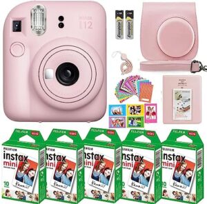 fujifilm instax mini 12 instant camera with fujifilm instant mini film (50 sheets) with accessories including compatible case with strap, lenss photo album, stickers, frames bundle (blossom pink)