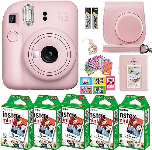 Fujifilm Instax Mini 12 Instant Camera with Fujifilm Instant Mini Film (50 Sheets) with Accessories Including Compatible Case with Strap, Lenss Photo Album, Stickers, Frames Bundle (Blossom Pink)