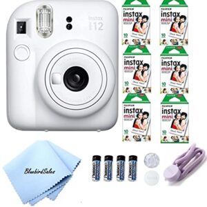 Fujifilm Mini 12 Instant Camera Starter Bundle: Includes Mini Film Value Pack (60 Sheets) + 4 Pack AA Batteries + Lens Cleaning Cloth (Clay White)