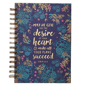 christian art gifts journal w/scripture desire of your heart psalm 20:4 bible verse blue floral 192 ruled pages, large hardcover notebook, wire bound