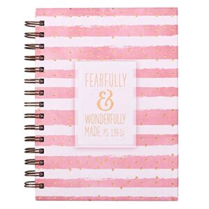christian art gifts journal w/scripture fearfully and wonderfully made psalm 139:14 bible verse pink stripe 192 ruled pages, large hardcover notebook, wire bound