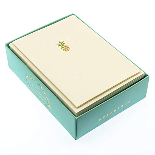 Graphique Pineapple La Petite Presse Boxed Notecards - 10 Embellished Gold Foil Pineapple Blank Cards with Matching Envelopes, 3.25" x 4.75"