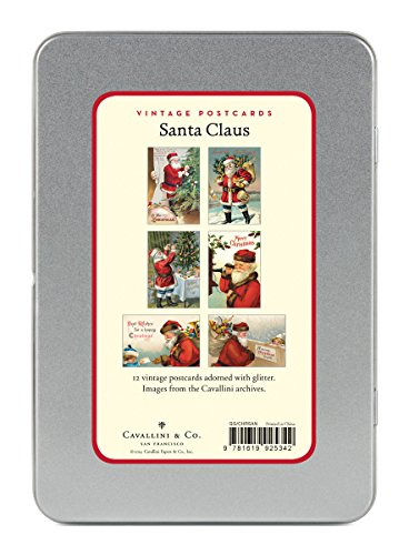 Cavallini Papers Vintage Santa Glitter Greetings 12 Assorted Glittered Postcards Per Tin
