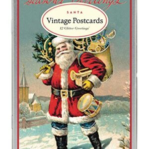 Cavallini Papers Vintage Santa Glitter Greetings 12 Assorted Glittered Postcards Per Tin