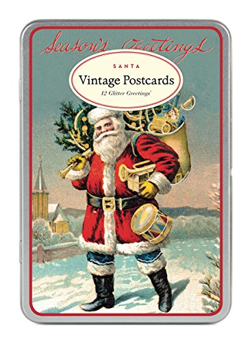 Cavallini Papers Vintage Santa Glitter Greetings 12 Assorted Glittered Postcards Per Tin