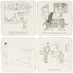 the new yorker dogs-box set of 4 coasters, 4.25 x 4.25 x 1, blue and white
