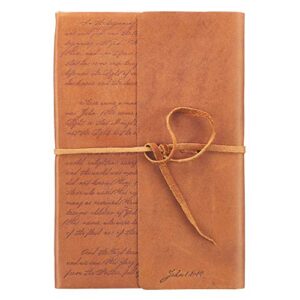 brown classic full grain leather writing journal/notebook | the beginning john 1:1-14 | wrap closure notebook, 400 lined pages w/inspirational scripture, 6 x 8.5 inches