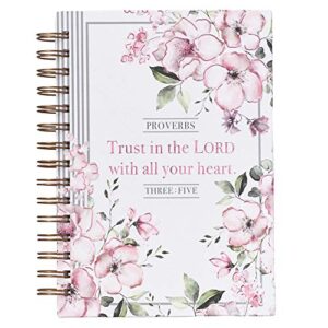 christian art gifts journal w/scripture trust in the lord proverbs 3:5 bible verse pink flowers 192 ruled pages, large hardcover notebook, wire bound