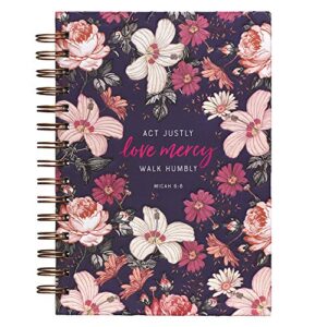 christian art gifts journal w/scripture love mercy walk humbly micah 6:8 bible verse navy floral 192 ruled pages, large hardcover notebook, wire bound
