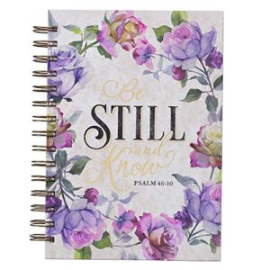 christian art gifts journal w/scripture be still and know psalm 46:10 bible verse purple rose 192 ruled pages, large hardcover notebook, wire bound