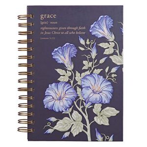 christian art gifts journal w/scripture grace romans 3:22 bible verse blue floral 192 ruled pages, large hardcover notebook, wire bound