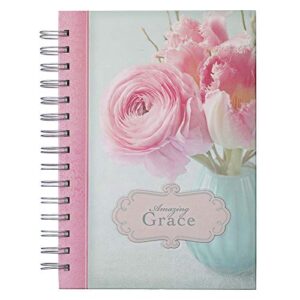 christian art gifts journal w/scripture amazing grace pink peonies and tulips 192 ruled pages, large hardcover notebook, wire bound