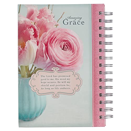 Christian Art Gifts Journal w/Scripture Amazing Grace Pink Peonies and Tulips 192 Ruled Pages, Large Hardcover Notebook, Wire Bound