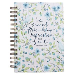 christian art gifts journal w/scripture blue floral sweet friendship 192 ruled pages, large hardcover notebook, wire bound