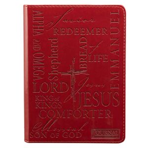 christian art gifts classic handy-sized journal names of jesus inspirational scripture notebook w/ribbon, faux leather flexcover 240 ruled pages, 5.7" x 7", burgundy