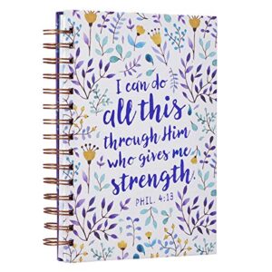 Christian Art Gifts Journal w/Scripture I Can Do All This Through Him Philippians 4:13 Bible Verse Purple Floral 192 Ruled Pages, Large Hardcover Notebook, Wire Bound