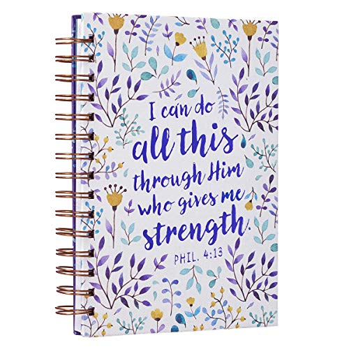 Christian Art Gifts Journal w/Scripture I Can Do All This Through Him Philippians 4:13 Bible Verse Purple Floral 192 Ruled Pages, Large Hardcover Notebook, Wire Bound