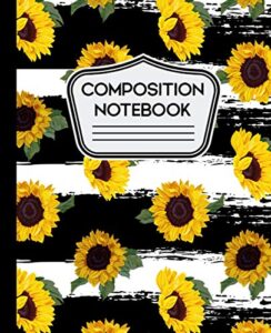 composition notebook: sunflowers pattern on black and white striped background - 7.5" x 9.25" - wide ruled 110 pages
