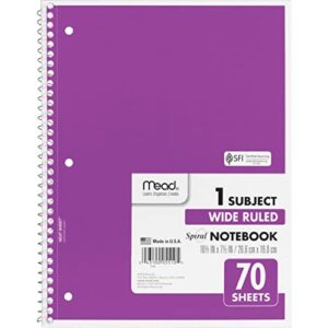 mead spiral notebook, 1 subject, wide ruled paper, 70 sheets, 10-1/2" x 7-1/2", assorted color (05510)