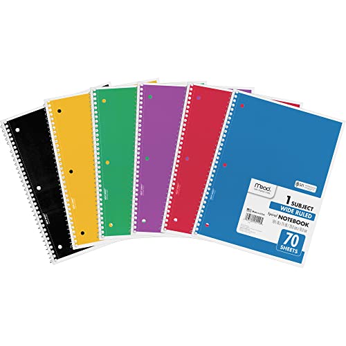 Mead Spiral Notebook, 1 Subject, Wide Ruled Paper, 70 Sheets, 10-1/2" x 7-1/2", Assorted Color (05510)