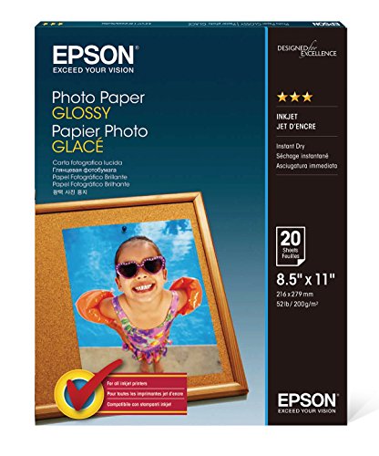 Epson Glossy Photo Paper, 8.5 x 11 Inches, 20 Sheets per Pack (S041141),White