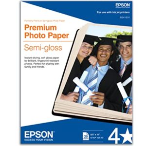 Epson Premium Photo Paper SEMI-GLOSS (8.5x11 Inches, 20 Sheets) (S041331) , White