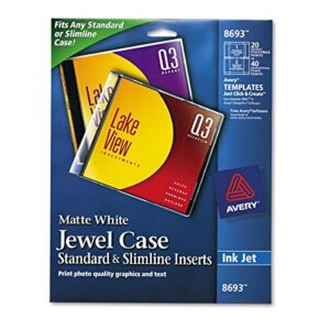 avery cd/dvd jewel case inserts for ink jet printers, white, pack of 20 (8693) - matte white