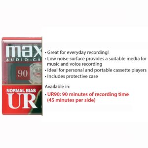 Maxell UR 90 Normal Bias Blank Audio Recording Cassette Tape, Low Noise, 90 Minute Recording Time, 5 Pack