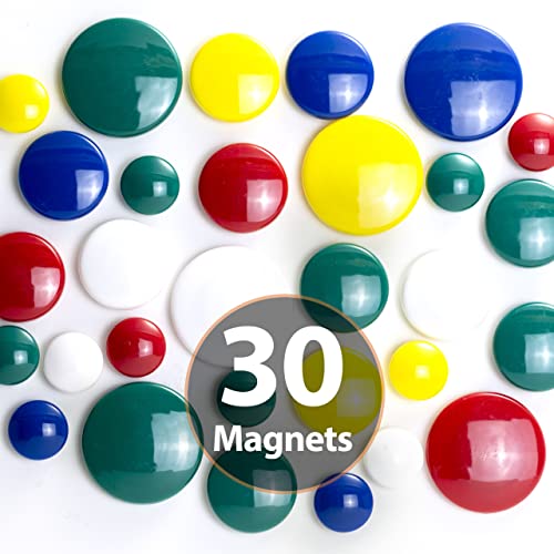 Officemate Round Plastic Covered Magnets - Durable & Longlasting Magnets for School, Office, Refrigerator, Whiteboard, Kitchen, Notice Board - 5 Assorted Colours (Pack of 30)