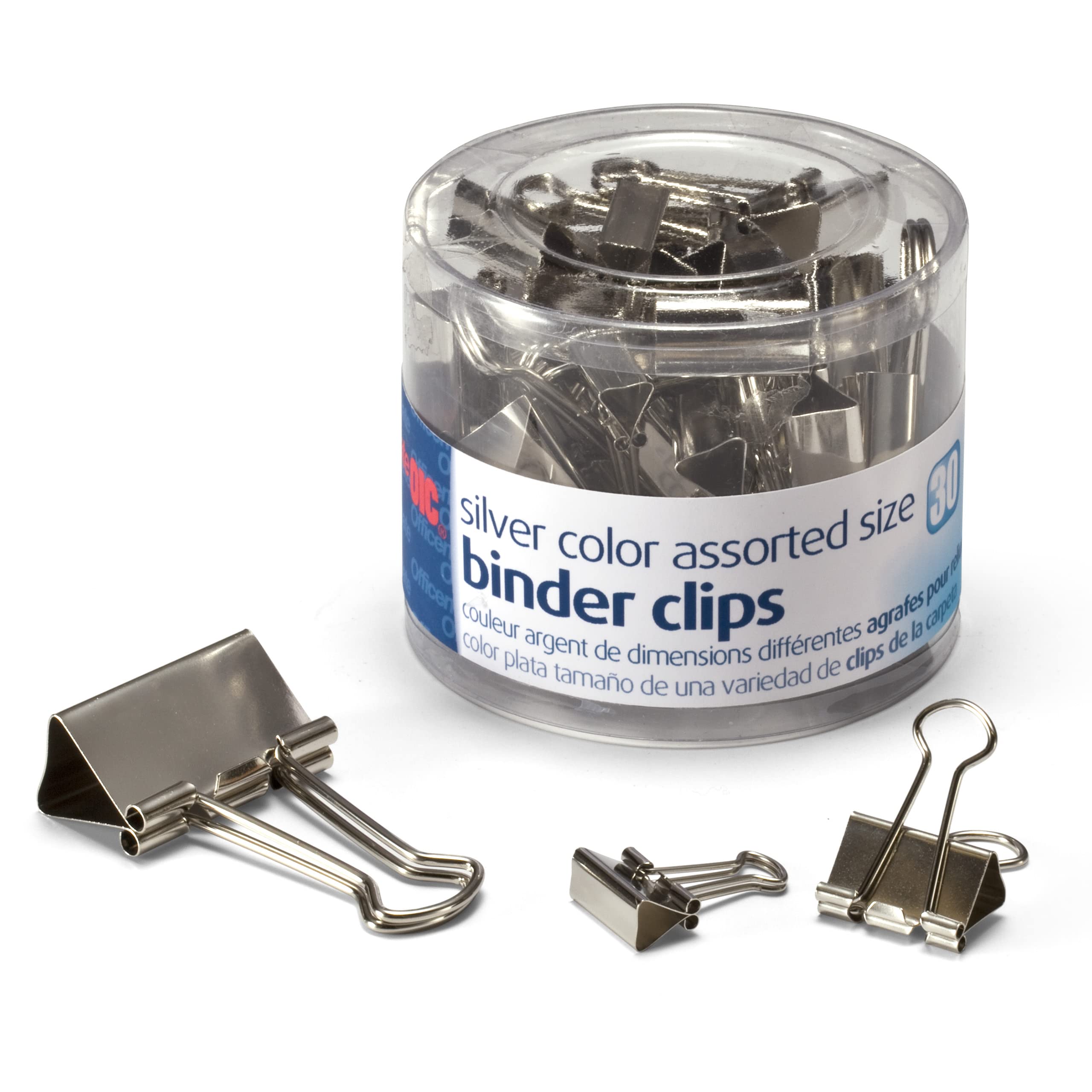 Officemate Silver Binder Clips, Assorted Sizes, 30/Tub (31021)