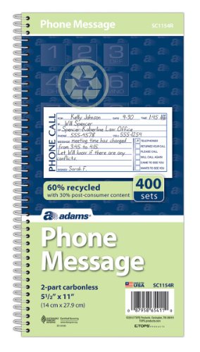 Adams Recycled Phone Message Book, 2-Part Carbonless, 4 Messages per Page, 400 Sets/Book (SC1154R) , White