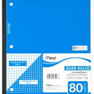 Mead Notebook, Wireless, 1 Subject, Quad Ruled, 8-1/2" x 11", 80 Sheets, Neatbook, Assorted Colors, Color Will Vary (06497)