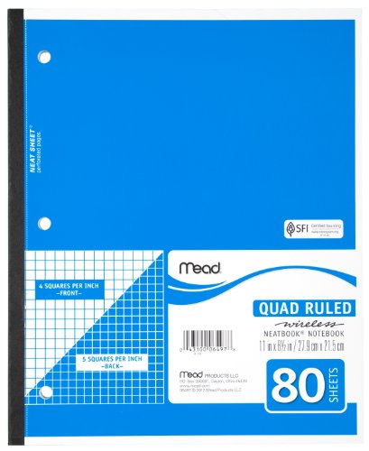 Mead Notebook, Wireless, 1 Subject, Quad Ruled, 8-1/2" x 11", 80 Sheets, Neatbook, Assorted Colors, Color Will Vary (06497)