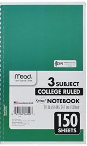 mead small spiral notebook, 3-subject, college ruled paper, 9-1/2" x 5-1/2", 150 sheets per notebook, assorted colors, color will vary, 1 count (06900)