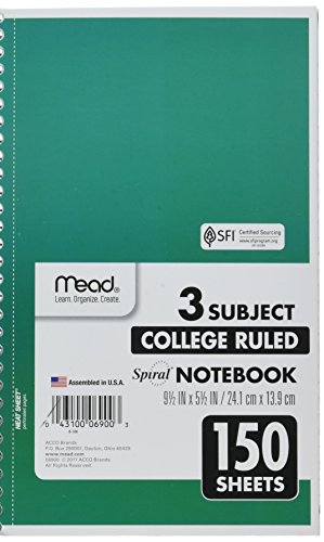 Mead Small Spiral Notebook, 3-Subject, College Ruled Paper, 9-1/2" x 5-1/2", 150 Sheets per Notebook, Assorted Colors, Color Will Vary, 1 Count (06900)